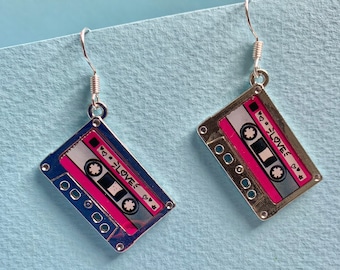 Cassette Tape dangle earrings, #RETRO, Funky, Fun, Cute and quirky 80's & 90's. Sold as a pair.