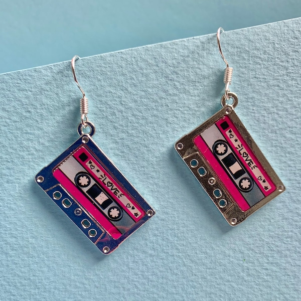 Cassette Tape dangle earrings, #RETRO, Funky, Fun, Cute and quirky 80's & 90's. Sold as a pair.