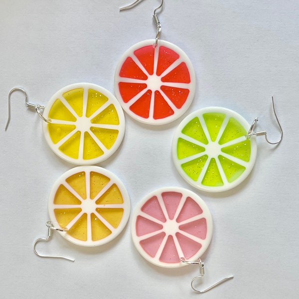 Orange, Grapefruit, Lemon and Lime Slices dangle Earrings, fun, funky, quirky and original