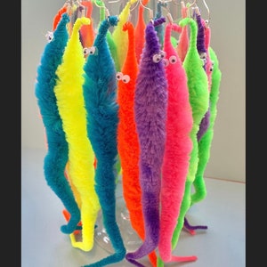 May include: A set of 12 colorful fuzzy worm earrings. Each earring features a fuzzy worm with googly eyes and a silver hook.