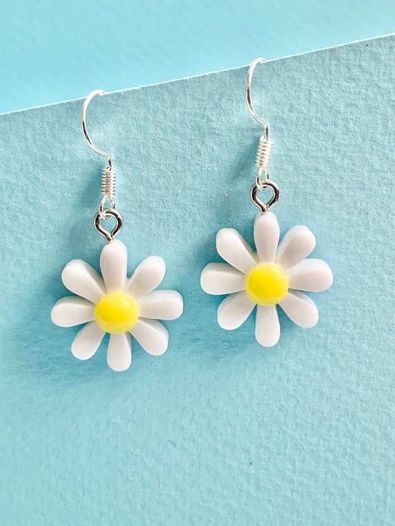 Pink Flower Earrings, Funky Cute Gold Flower Drop Earrings For Women