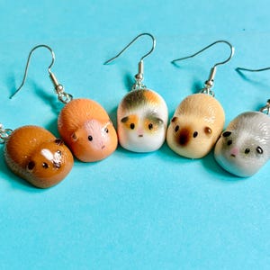 以下が含まれることがあります： 茶色、オレンジ、白の斑点模様、鼻が黒いベージュ、グレーなど、様々な色のモルモットのミニチュアチャームが付いた5つのぶら下がりピアス。すべてシルバーカラーの金属製ピアスフックに取り付けられています。