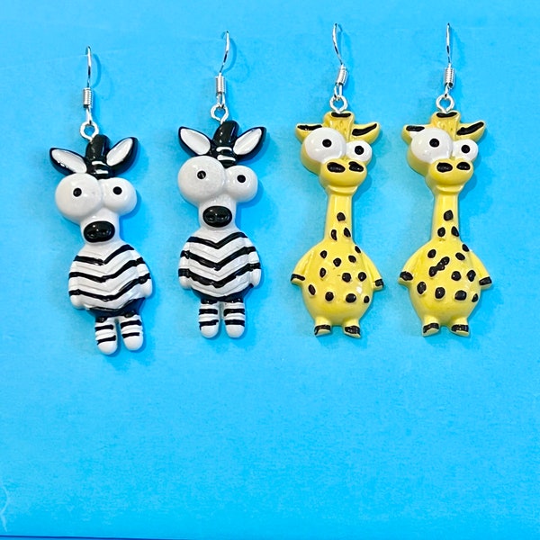 George the Giraffe and Zoe the Zebra Google Eyed earrings, fun funky, dangler earrings #animal earrings