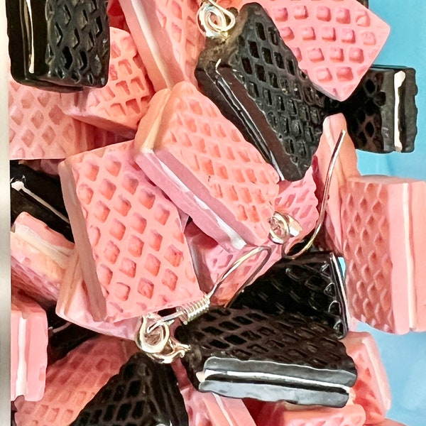 Waffle Wafer Pink & Chocolate, Biscuit dangle Earrings, fun, funky, quirky and original