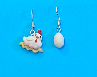 Boucles d'oreilles pendantes poulet et oeuf de la ferme Boucles d'oreilles animaux mignons, originaux, funky et amusants Poule, oeuf !