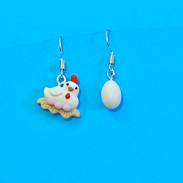 Chicken & Egg farm yard dangle earrings Cute, Quirky, Funky and Fun Animal Earrings Hen, Egg!
