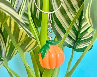 Può includere: Un portachiavi argentato con un piccolo ciondolo a forma di zucca arancione e una foglia verde. Il ciondolo è appeso a una catena e un anello argentati. Lo sfondo presenta una pianta verde con foglie a strisce bianche e verdi.