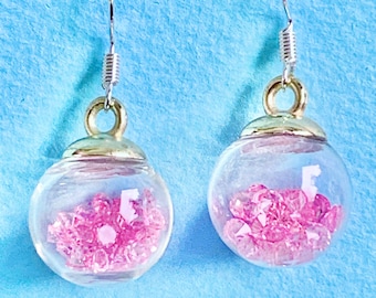 Ball glass transparent Earrings with pink multi balls inside, Gorgeous, cute and dainty, Funky, Bespoke and Fun Earrings