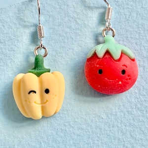 Mr Pepper or Mrs Tomato Cute Vegetable dangle earrings, fun funky, dangler, Hook or Clip-on