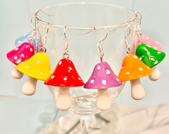 Mushroom Earrings Toadstool dangler earrings, Funky Earrings, Fun Earrings