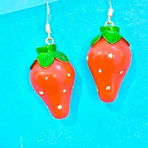 Strawberry fruit dangle earrings, fun and funky, quirky and original, cute