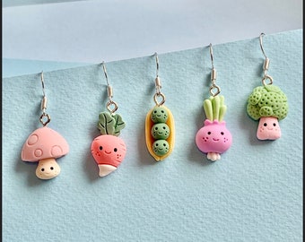 Cute Veg Dangle Earrings, Carrot, Beetroot/Radish, Pea, Mushroom and Broccoli Funky Earrings