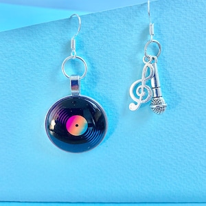 LP Record, microphone and treble clef sign dangle earrings, #RETRO, Funky, Fun, Cute and quirky