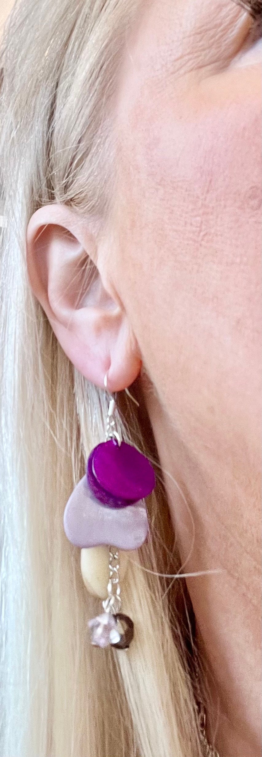Jules D. Boucles D'oreilles Pendantes Femme En Coquillage Naturel - Perles Mélangées Colorées - Violet - Fait Main - Cadeau