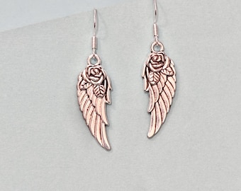Angel Rose Wings Dangle Earrings Heavenly and Delicate, Christmas earrings