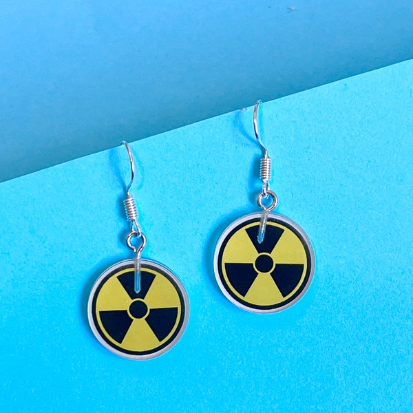 Toxic Nuclear Warning dangle Earrings, fun, funky, quirky and original. #Retro 80's and 90's