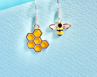 Bumble Bee and Honeycomb Dangle Earrings, Funky, Fun, Dainty, Delicate and Quirky Earrings