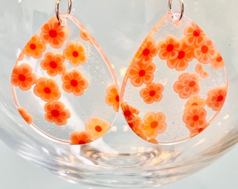 Peach daisy flower earrings dainty dangle earrings, delicate and cute