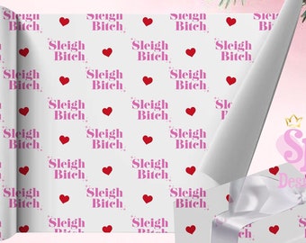 Sleigh Bitch,Pink Christmas Wrapping Paper for Her UK,Pink sassy Xmas Gift Wrap,Rude Christmas Wrapping Paper for Best Friend -Matching Card