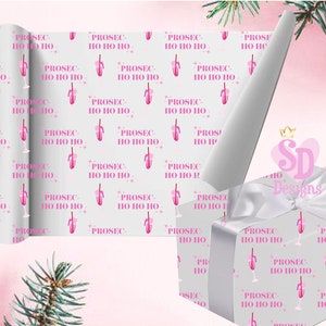 Carta da regalo natalizia Prosecco UK, fogli di carta da regalo natalizia rosa per lei, regalo di Natale per la migliore amica, regalo Prosecco, biglietto abbinato Sassy