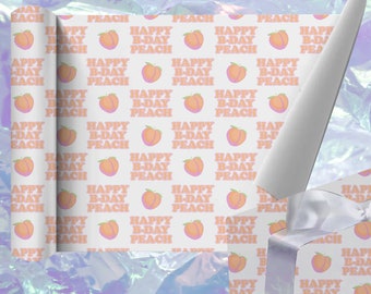Feliz cumpleaños Peach: papel de regalo divertido y etiquetas para ella, Reino Unido, estampado de fruta Peach, 2 hojas de regalo, 2 etiquetas de regalo, mejor amiga, hermana, novia, rosa