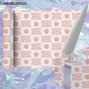 Joyeux anniversaire pêche - emballages cadeaux et étiquettes amusants pour elle Royaume-Uni, imprimé fruits pêche 2 feuilles d'emballage 2 étiquettes cadeaux, meilleure amie, soeur, petite amie - rose