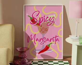 Spicy Margarita cocktail print,Home decor wall art,Trendy print,Pink poster,Cocktail Bar art,Bedroom wall art,Kitchen print,Gift for her