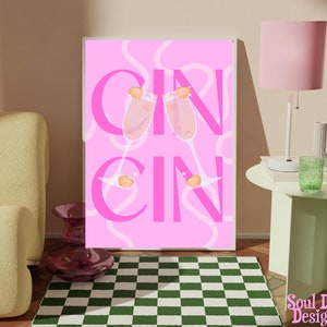 Cin Cin Peach ベリーニ プロセッコ プリント、ホームデコレーション ウォールアート プリント、ピンクのトレンディなプリント、寝室、リビングルーム、キッチン カクテル ポスター、親友へのギフト