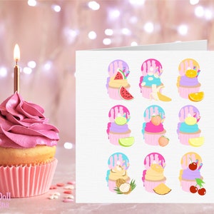 Biglietto di compleanno cupcake di frutta per il suo Regno Unito, biglietto di compleanno carino per amico, pesca, anguria, ananas, ciliegia, cocco, lime, arancia, limone, banana