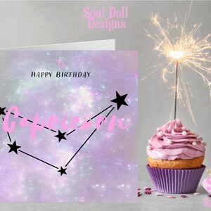 Carte d’anniversaire du signe du zodiaque Capricorne au Royaume-Uni, impression de constellation d’horoscope du Capricorne, cartes de signe astrologique d’astrologie pour son anniversaire d’amis