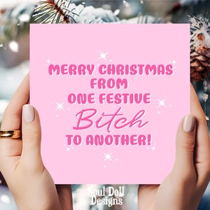 Feliz Navidad rosa de una perra festiva a otra Tarjeta navideña para mejor amiga/mejor amiga, Tarjeta navideña grosera y divertida para una perra mala