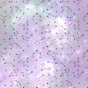 Puede incluir: Un fondo de galaxia p&uacute;rpura y rosa con constelaciones negras de los signos del zod&iacute;aco. Las constelaciones se repiten en toda la imagen.