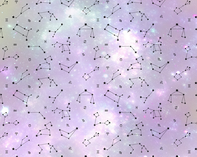Puede incluir: Un fondo de galaxia p&uacute;rpura y rosa con constelaciones negras de los signos del zod&iacute;aco. Las constelaciones se repiten en toda la imagen.