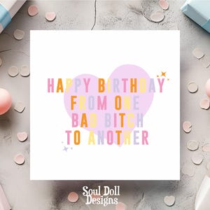 Feliz cumpleaños de una perra mala a otra, tarjeta divertida de Galpal, tarjeta de arcoíris colorida, tarjeta de cumpleaños para mejor amiga