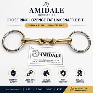 May include: A loose ring lozenge fat link snaffle bit featuring a gold-coloured mouthpiece and silver-coloured rings. The product includes a white tag with the text AMIDALE INDUSTRIES and lists available sizes from 4.50 to 5.75 inches.