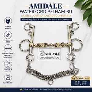 May include: An Amidale Waterford Pelham bit featuring a double-jointed lozenge copper mix mouthpiece and stainless steel sides. The equestrian bit includes a curb chain and is labelled with text including Amidale Waterford Pelham Bit.