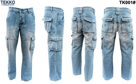 Mens Cargo Jeans Combat Trousers Work Casual Denim Pants Light