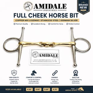 May include: A full cheek horse bit featuring a copper mix lozenge mouthpiece and stainless steel side bars. The product is labelled Amidale Industries and includes text detailing the materials as copper mix, stainless steel, and German silver.
