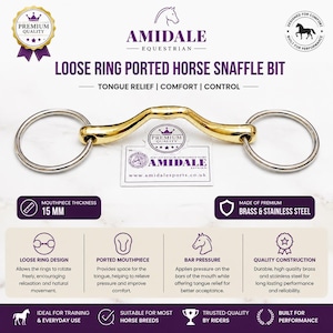 May include: A loose ring ported horse snaffle bit featuring a gold-coloured brass mouthpiece and silver-coloured stainless steel rings. The bit has a 15 mm mouthpiece thickness. Text on the image includes AMIDALE EQUESTRIAN and LOOSE RING PORTED HORSE SNAFFLE BIT.