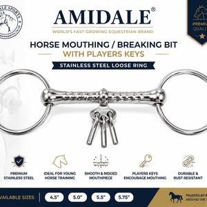 May include: A stainless steel horse mouthing and breaking bit featuring a loose ring design and a central mouthpiece with three attached metal players keys. The product is labelled as Amidale Sports and includes available sizes of 4.5, 5.0, 5.5, and 5.75 inches.