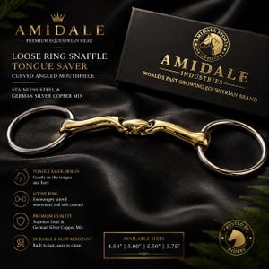 May include: A loose ring snaffle tongue saver bit featuring a curved angled mouthpiece made of stainless steel and a German silver copper mix. The product is branded by Amidale and includes text detailing its design, available sizes from 4.50 to 5.75 inches, and material composition.