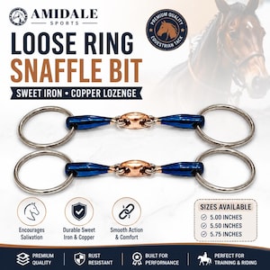 May include: Two loose ring snaffle bits featuring blue sweet iron bars and a central copper lozenge. The text reads Amidale Sports, Loose Ring Snaffle Bit, Sweet Iron, Copper Lozenge, and lists available sizes of 12.7 cm, 14.0 cm, and 14.6 cm.