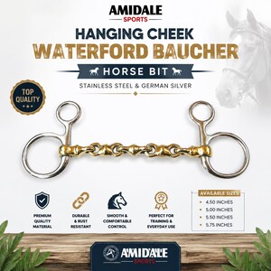 May include: A stainless steel and German silver hanging cheek Waterford Baucher horse bit. The bit features a multi-jointed gold-coloured mouthpiece and silver-coloured rings. Text includes Amidale Sports, Hanging Cheek Waterford Baucher Horse Bit.