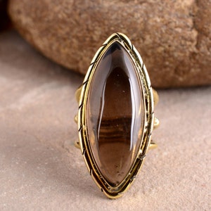 Rökkvartsring, ädelstensring, stor stenring, ring för mor, boho ring, helfingerring, lång statementring, kvartssmycken, present