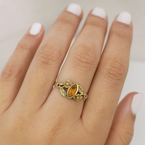Floral Citrine Brass Ring, Marquise Cut Yellow Stone Ring, Nature Inspired Gold Ring, Handmade Boho Jewelry for Women