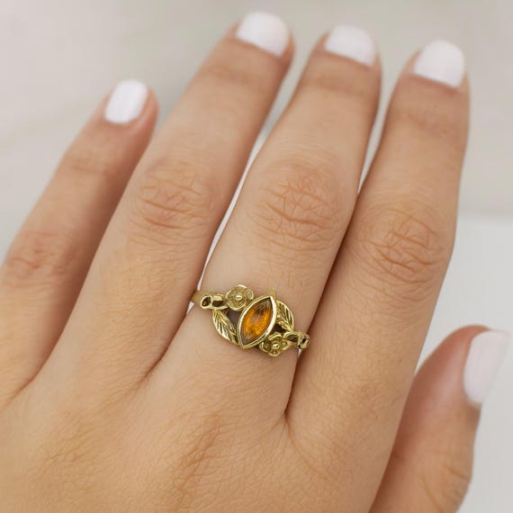 Citrine Leaf Ring, Natural Citrine Ring, Floral Brass Ring, Marquise Citrine Ring, Botanical Ring, Handmade Boho Jewelry, Ring, Gift for Her
