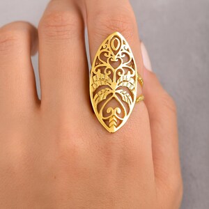 Long Filigree Brass Ring, Statement Gold Plated Ring, Adjustable Tribal Ring for Women, Bold Boho Jewelry Gift