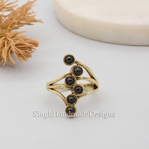 Boho Gold Plated Black Onyx Ring, Multi Stone Statement Ring, Handmade Brass Ring, Adjustable Fashion Jewelry for Women