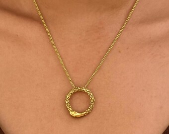 Dainty Snake Charm Chain Necklace, Ouroboros Dragon Pendant Necklace in Gold Plated, Ouroboros Snake Necklace, Pendant Charm Chain Necklace