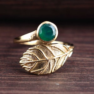 Green Onyx Ring, Dainty Ring, Brass Ring, Ring For Her, Natural Green Onyx Ring For Women, leaf Ring, Gift For Women, Green Stone Ring,